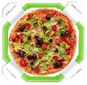 Pizzabow Kunststoffschale mit Papptablett und leckerer Pizza